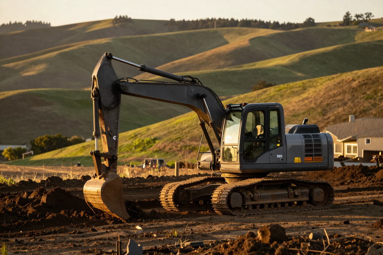 Excavation equipment operating on a graded residential site in White City, Oregon with Rogue Valley landscape in the background.