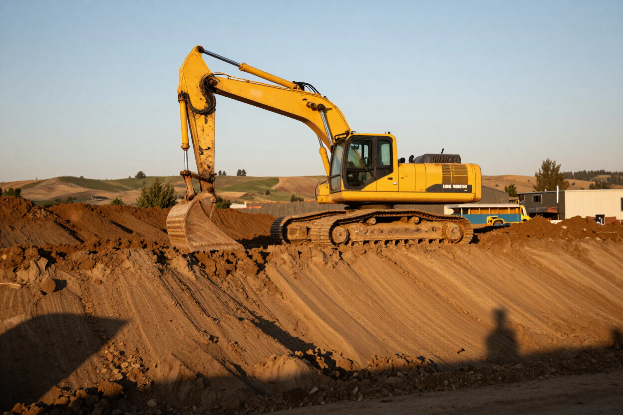 Commercial site grading project in Jackson County Oregon with tracked excavator and finished slope compaction.