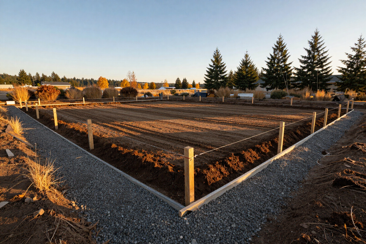 Residential excavation site preparation in White City Oregon showing graded lot and cleared foundation perimeter.