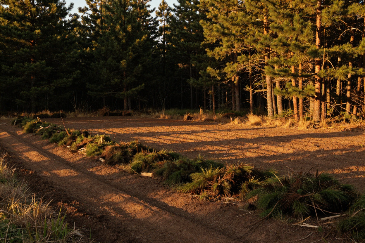 Cleared residential lot with brush pile and equipment tracks in White City, Oregon land clearing project.
