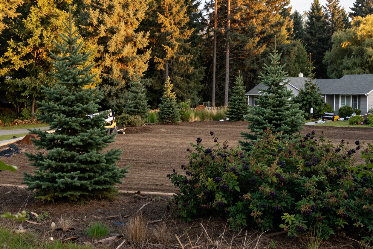 Residential lot clearing in progress on an overgrown Southern Oregon parcel with secondary growth removed.