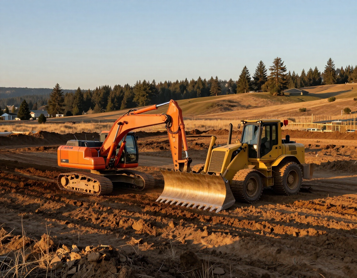 Cleared residential parcel with equipment on site in White City, Oregon land clearing project.