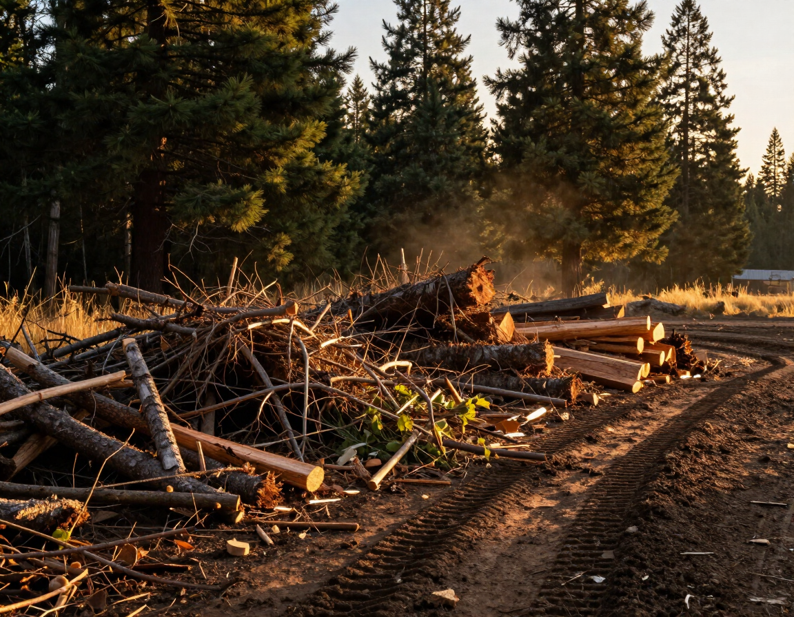 Brush and timber debris piled at perimeter of freshly cleared Southern Oregon development lot.