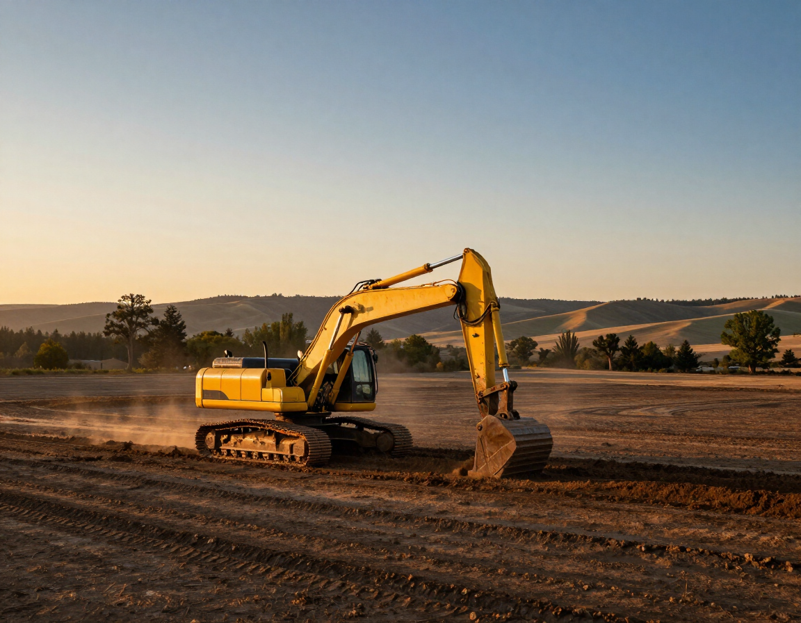 Excavator grading cleared acreage on a commercial parcel in Jackson County, Oregon.