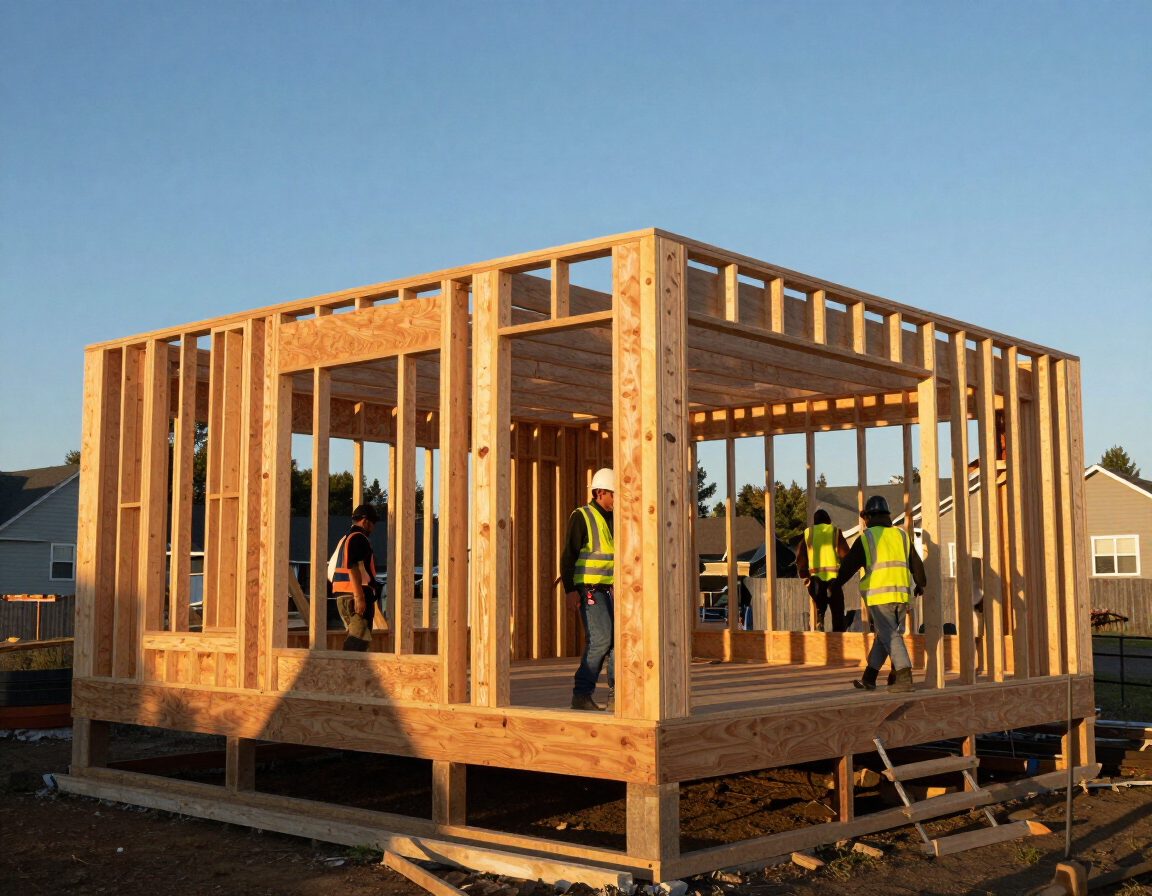 New home construction framing stage in White City Oregon with timber structure and crew on site