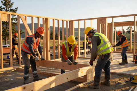 New home construction framing by Rogue Custom Construction crew in White City, Southern Oregon