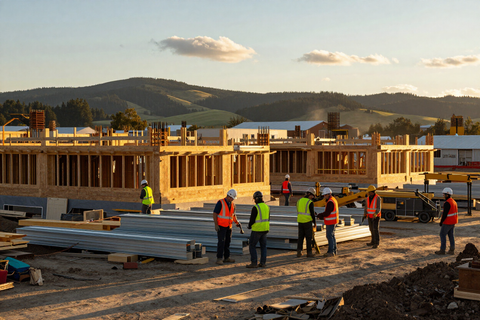 General construction build site with framing and crew by Rogue Custom Construction in Jackson County, Oregon
