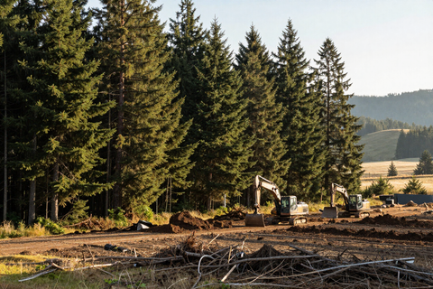 Land clearing project by Rogue Custom Construction with equipment on a rural Pacific Northwest property