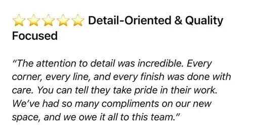Five gold stars and a customer quote praising detailed, quality-focused work.