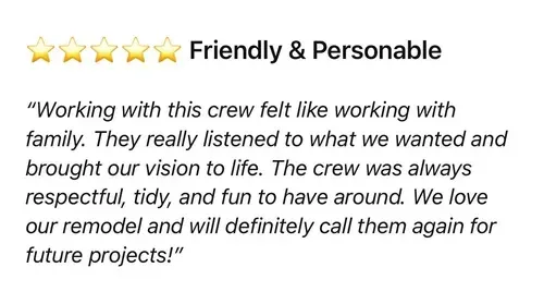 Five-star “Friendly & Personable” customer review with a quote praising a respectful, fun crew.