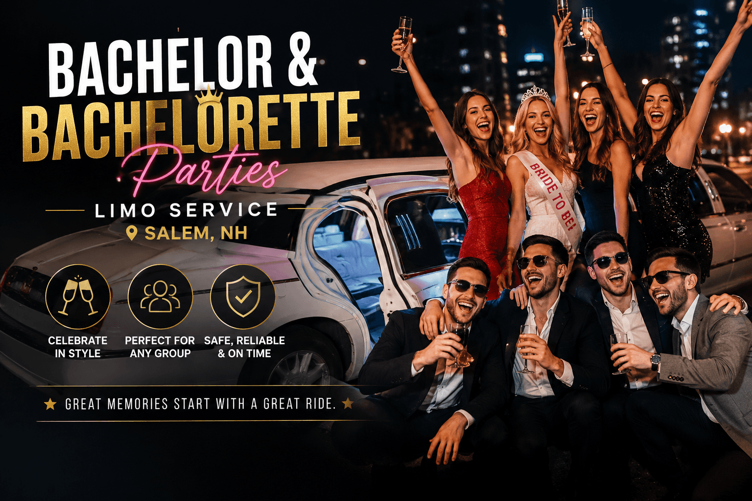 Bachelor and bachelorette party limousine service in Salem, NH featuring a luxury stretch limo for safe, stylish group transportation and nightlife celebrations.