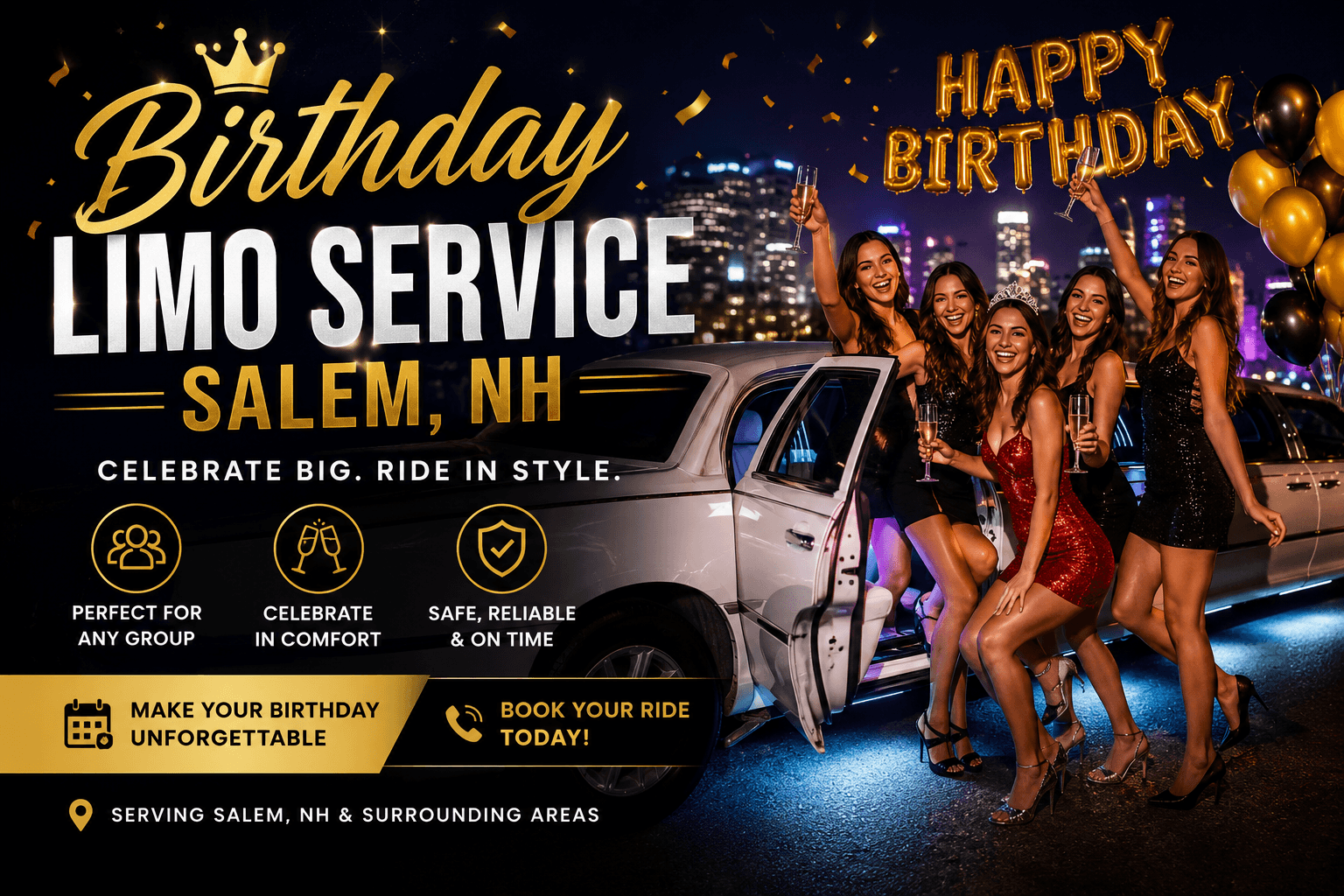 Luxury birthday limousine service in Salem, NH featuring friends celebrating with a stretch limo for an unforgettable birthday party and safe group transportation.