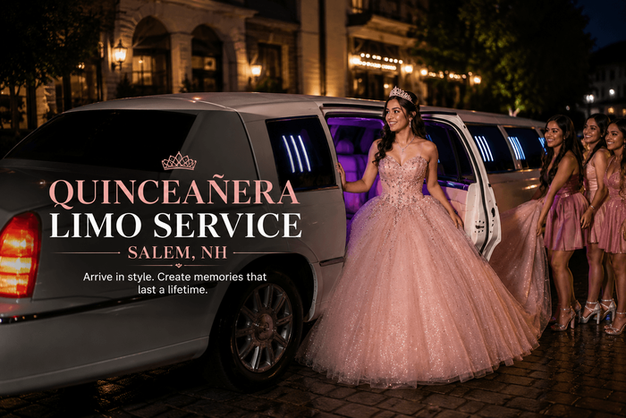 Luxury Quinceañera limo service in Salem, NH featuring a stretch limousine and a young woman in an elegant pink ball gown arriving at her 15th birthday celebration.