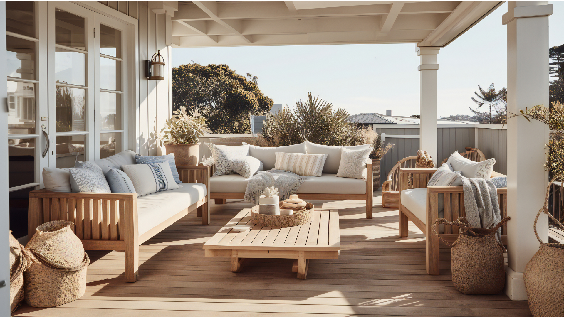 Cozy coastal patio with white sofas, wood coffee table, woven chairs, and ocean view
