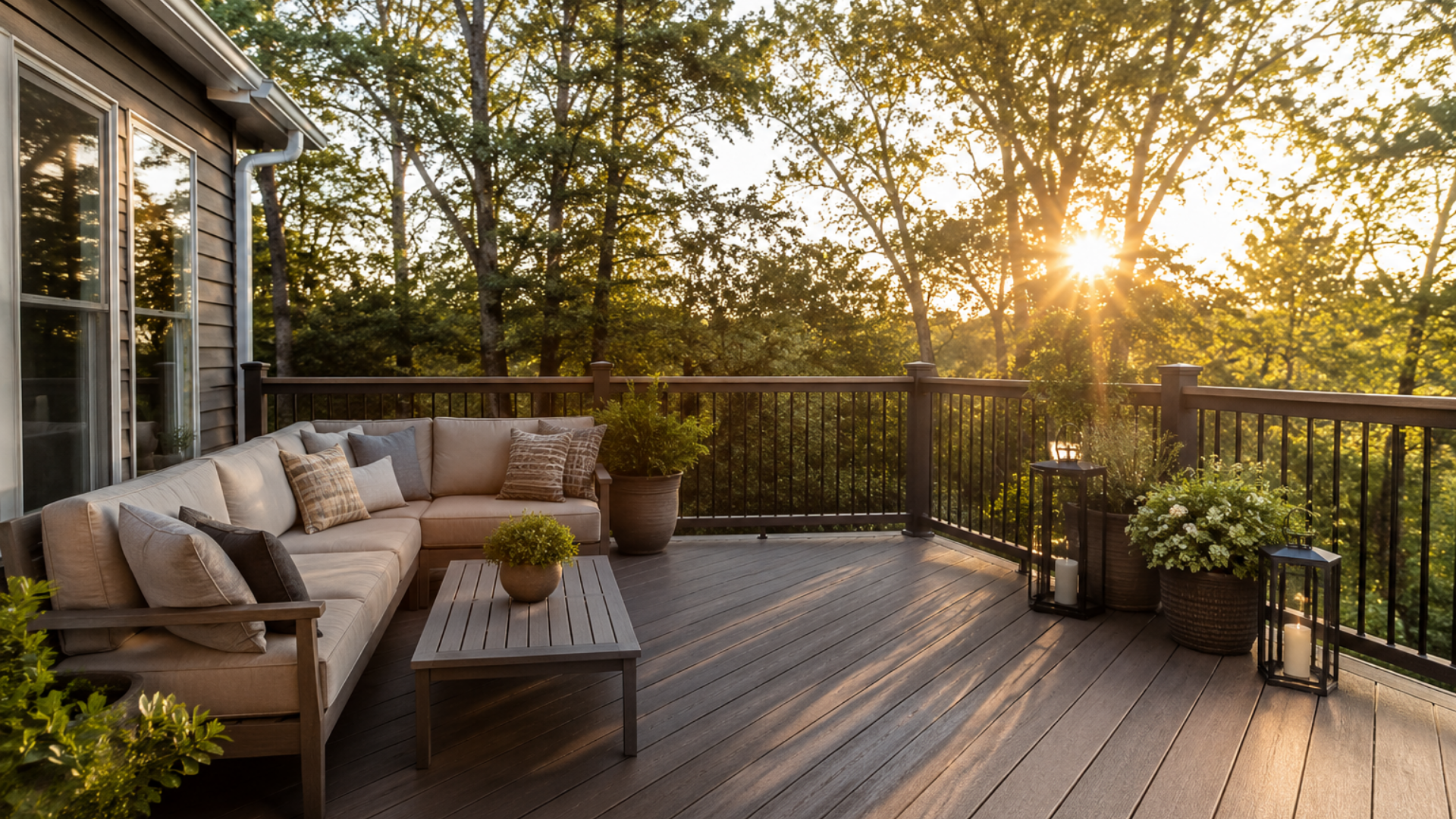 Wooden deck with cushioned seating, potted plants, and sunset light through trees.