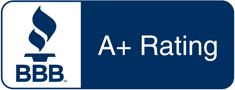 BBB A+ Rating badge with a flame symbol and white text on a blue background.