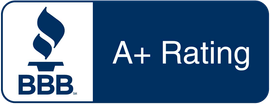 BBB A+ Rating badge with a flame symbol and white text on a blue background.