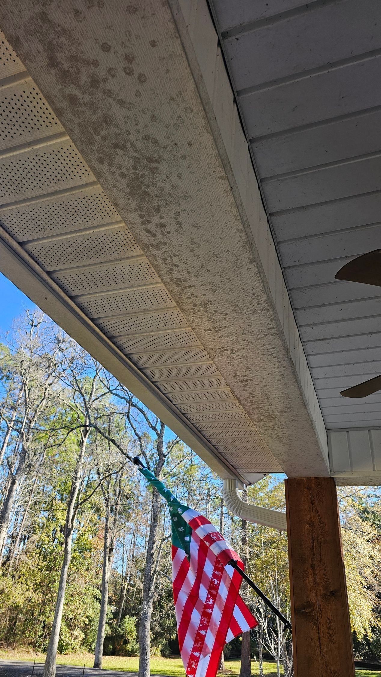 Underside of a porch roof with stained, perforated soffit panels. An American flag flies below, trees in background.