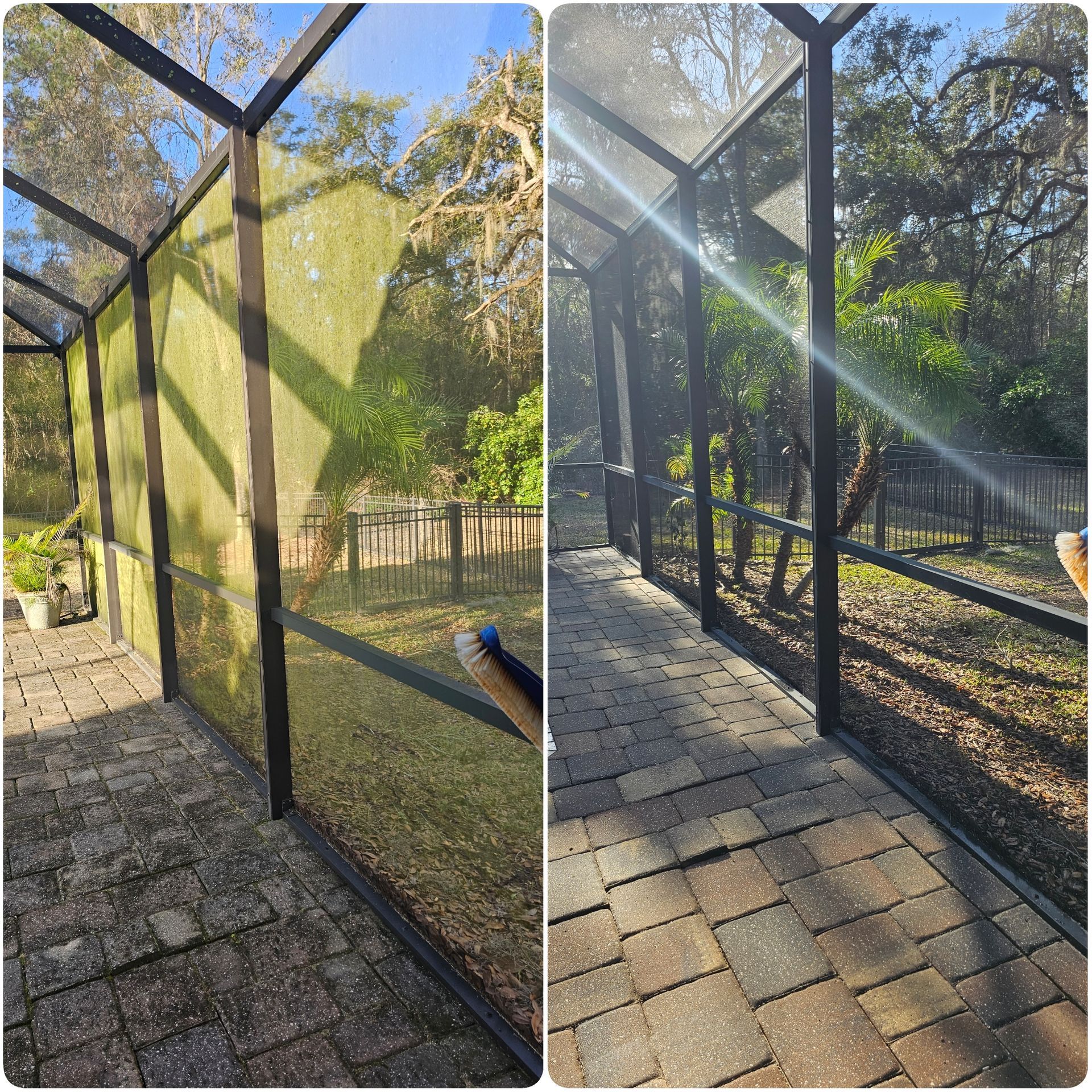 Screened patio before and after cleaning, showing improved visibility to the backyard.