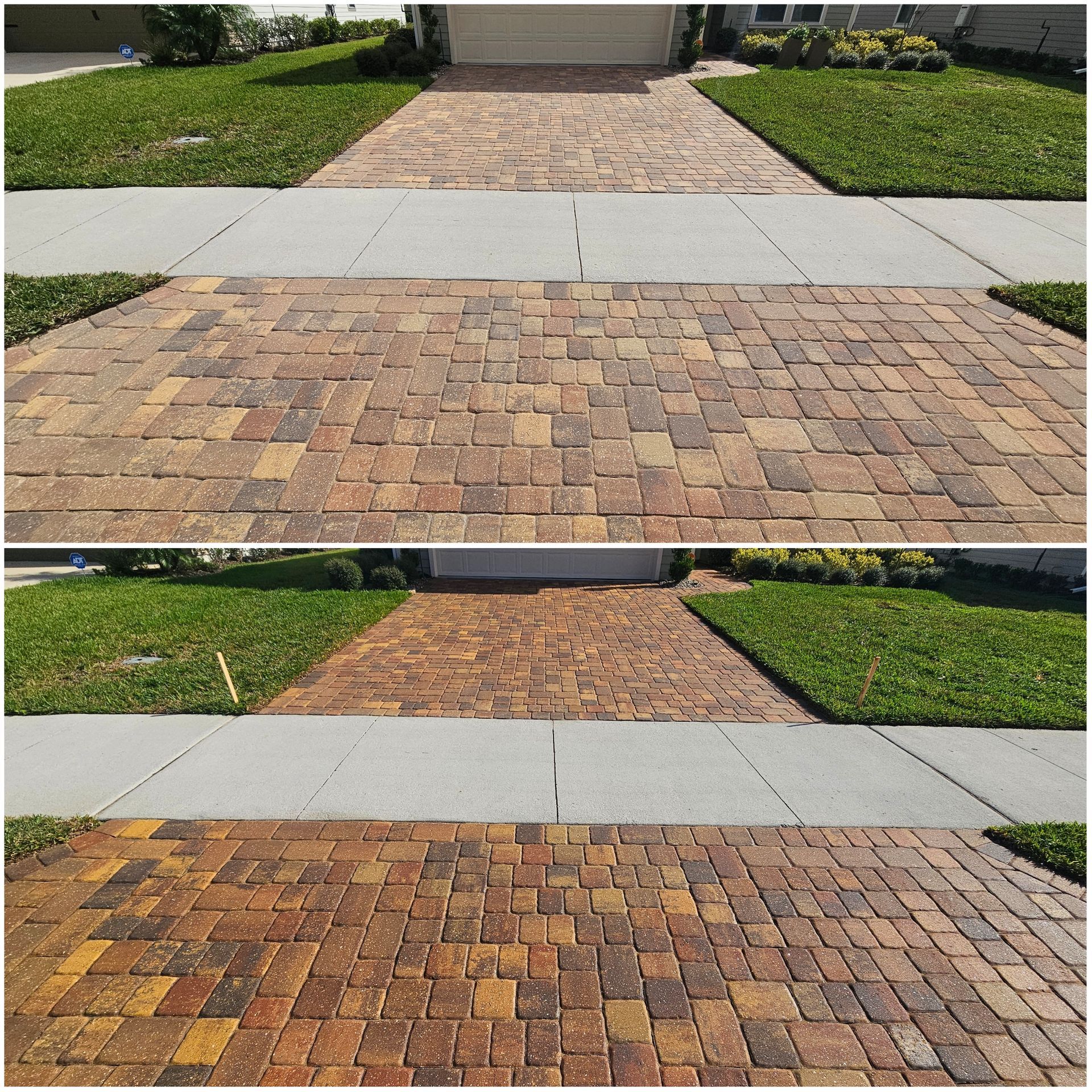 Brick paver driveway before and after cleaning.