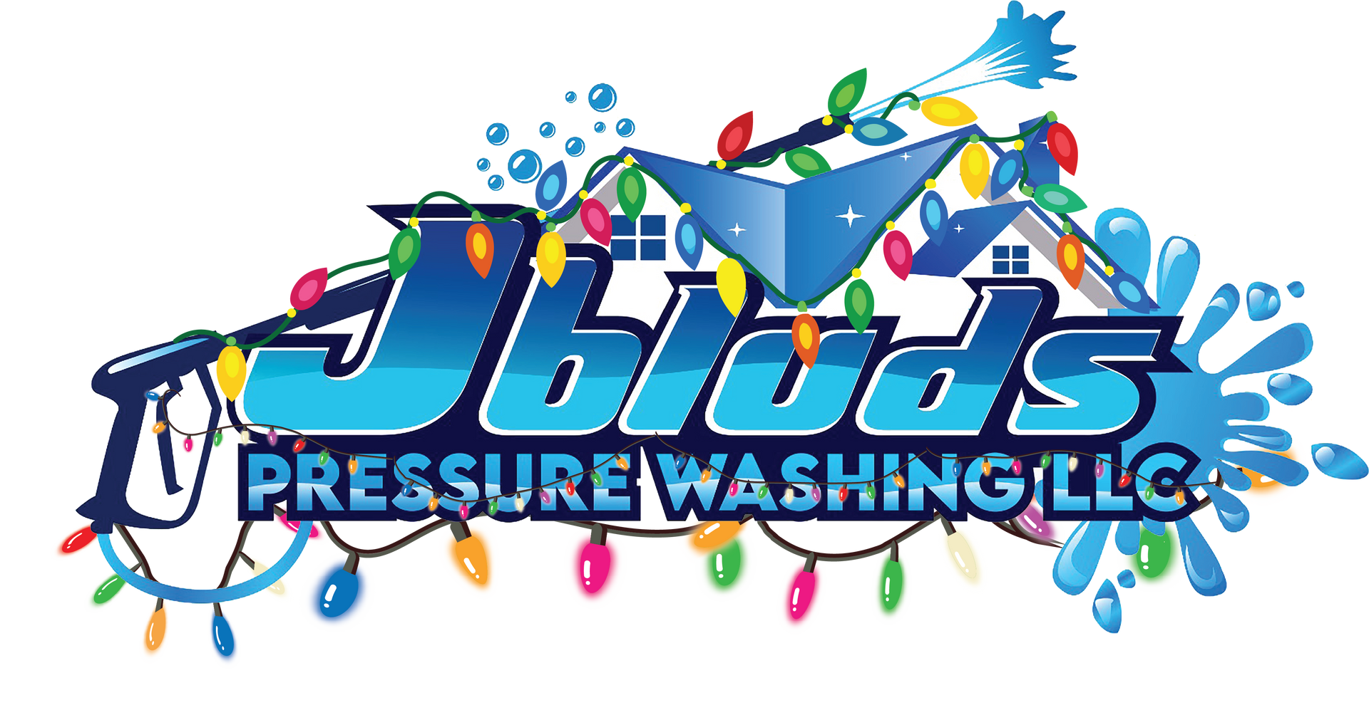 Jbluds Pressure Washing logo with blue water elements, house shape, and Christmas lights.