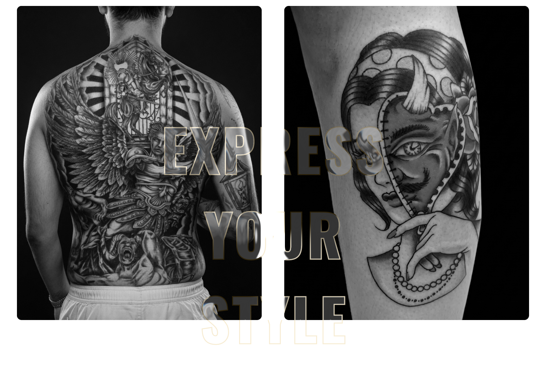 Two black-and-gray back tattoo designs: a skeletal winged figure and a woman’s portrait with a snake.