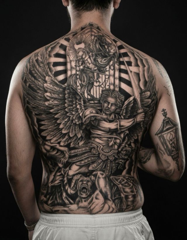 Back tattoo of a winged angel and ornate gothic design on a shirtless person