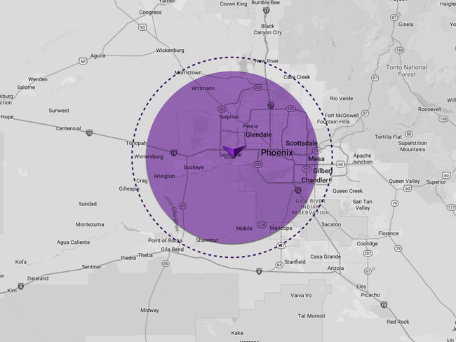 Map with a large purple circular zone centered on a city, showing surrounding roads and place names.