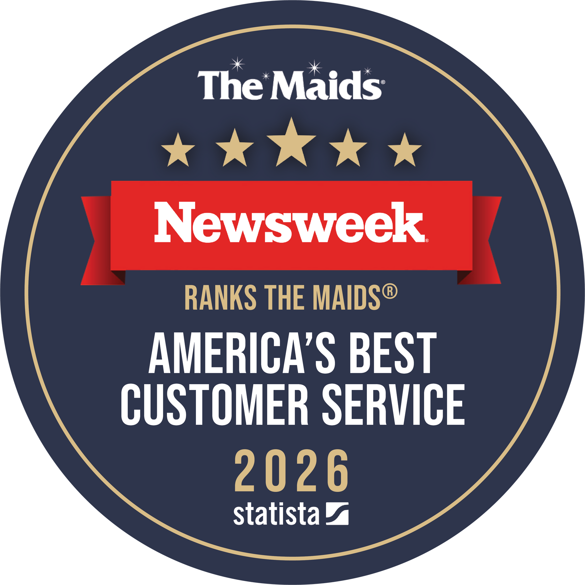 The Maids Newsweek award badge: America’s Best Customer Service 2026, navy red and gold circular emblem