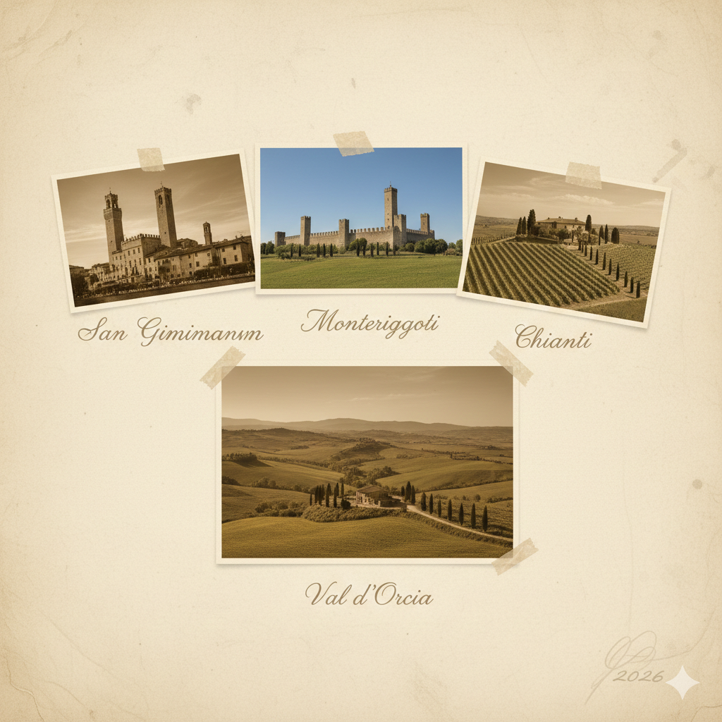 Fotografie di città toscane: San Gimignano, Monteriggioni, Chianti e Val d'Orcia, incollate su carta anticata con nastro adesivo.