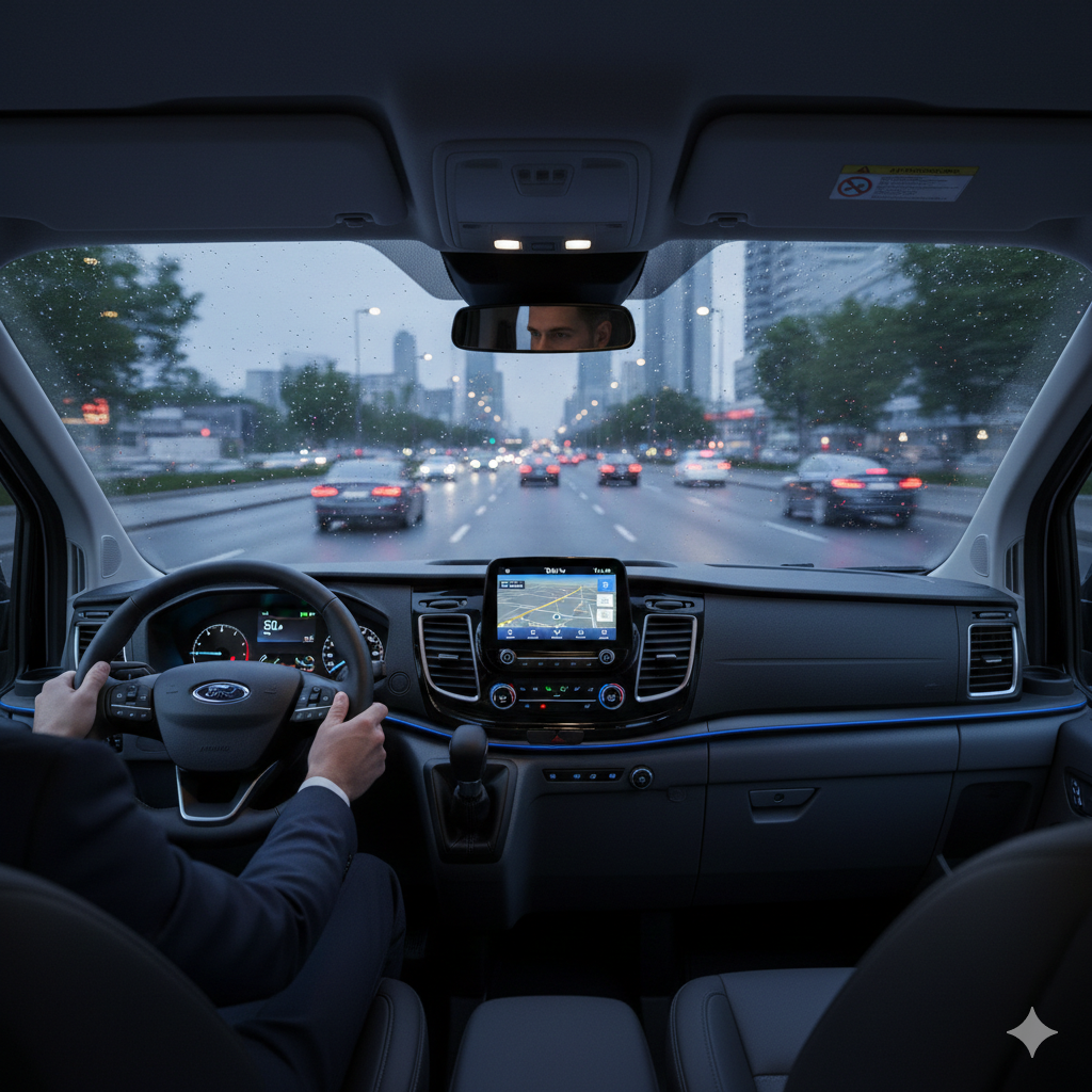 Vista interna di un furgone Ford con le mani sul volante, alla guida su una strada bagnata in città.