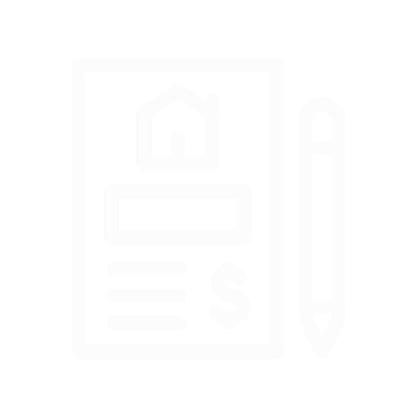 A white line-art icon showing a document with a house symbol, a blank form field, lines of text, a dollar sign, and a pen.