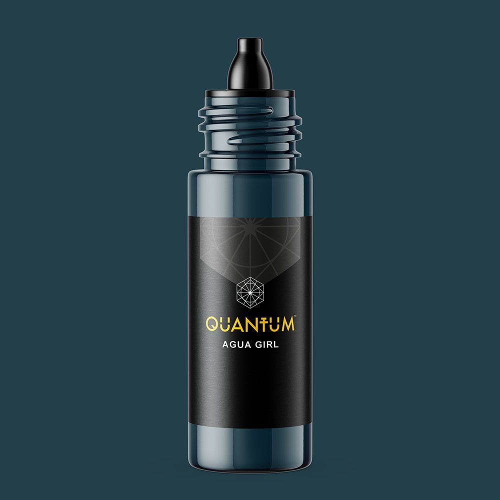 A dark blue, upright squeeze bottle of Quantum Aqua Gel with a black label against a matching dark blue background.
