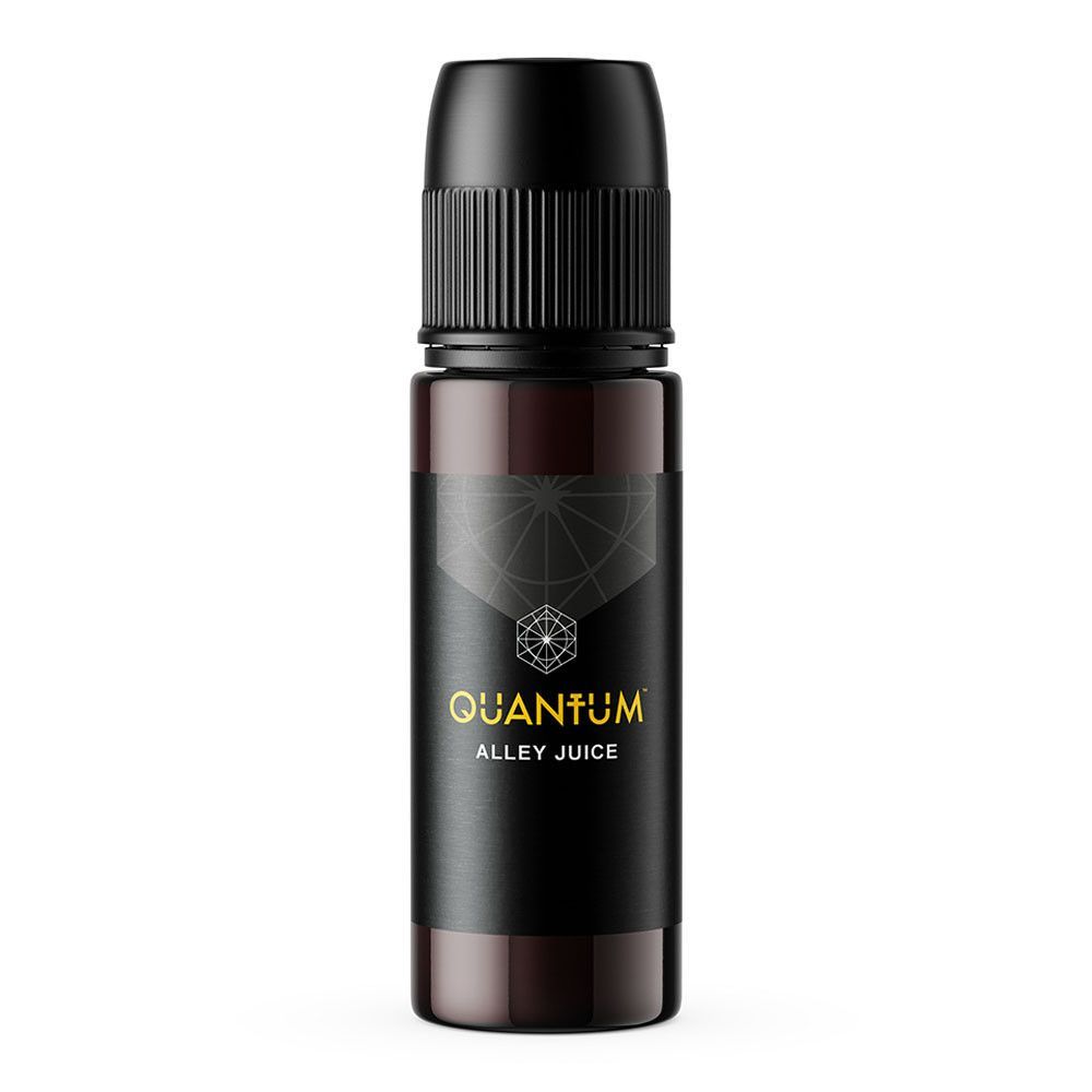 A dark brown dropper bottle with a black cap, featuring a black label with the gold text
