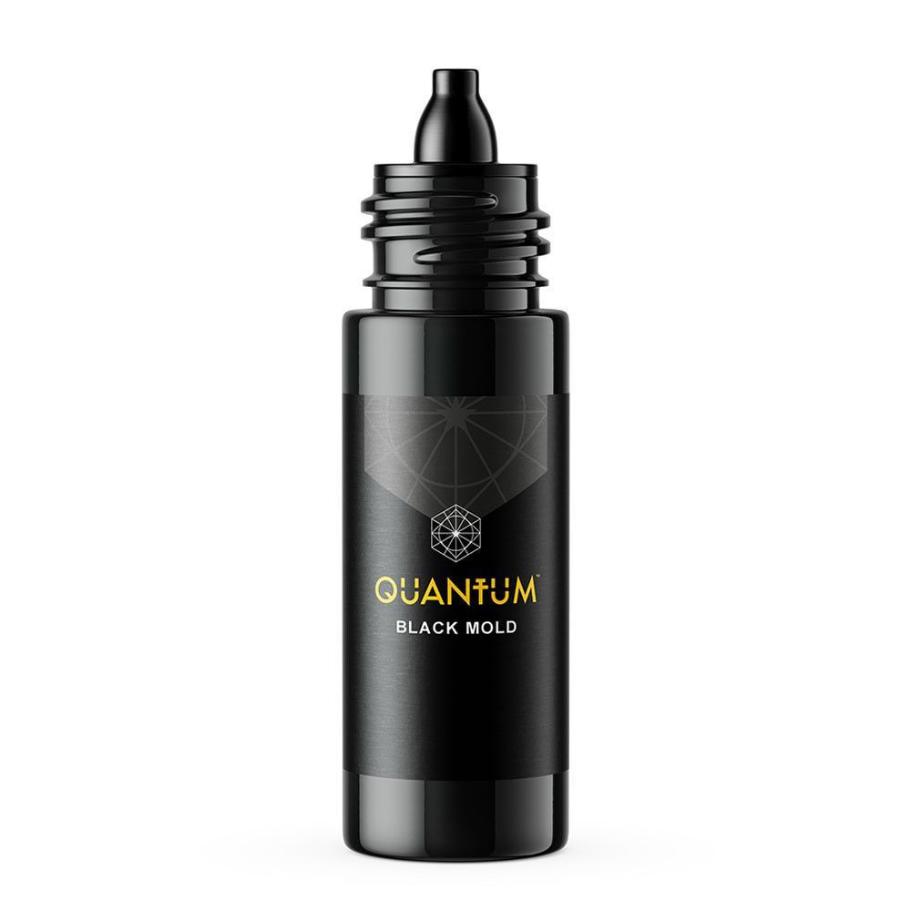 A black dropper bottle labeled