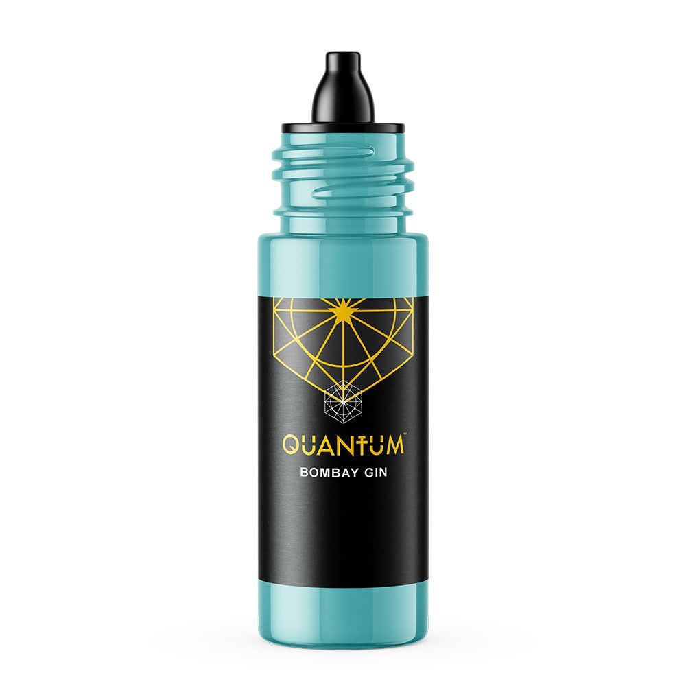 A teal-colored bottle of Quantum Bombay Gin tattoo ink with a black label and a geometric gold logo.