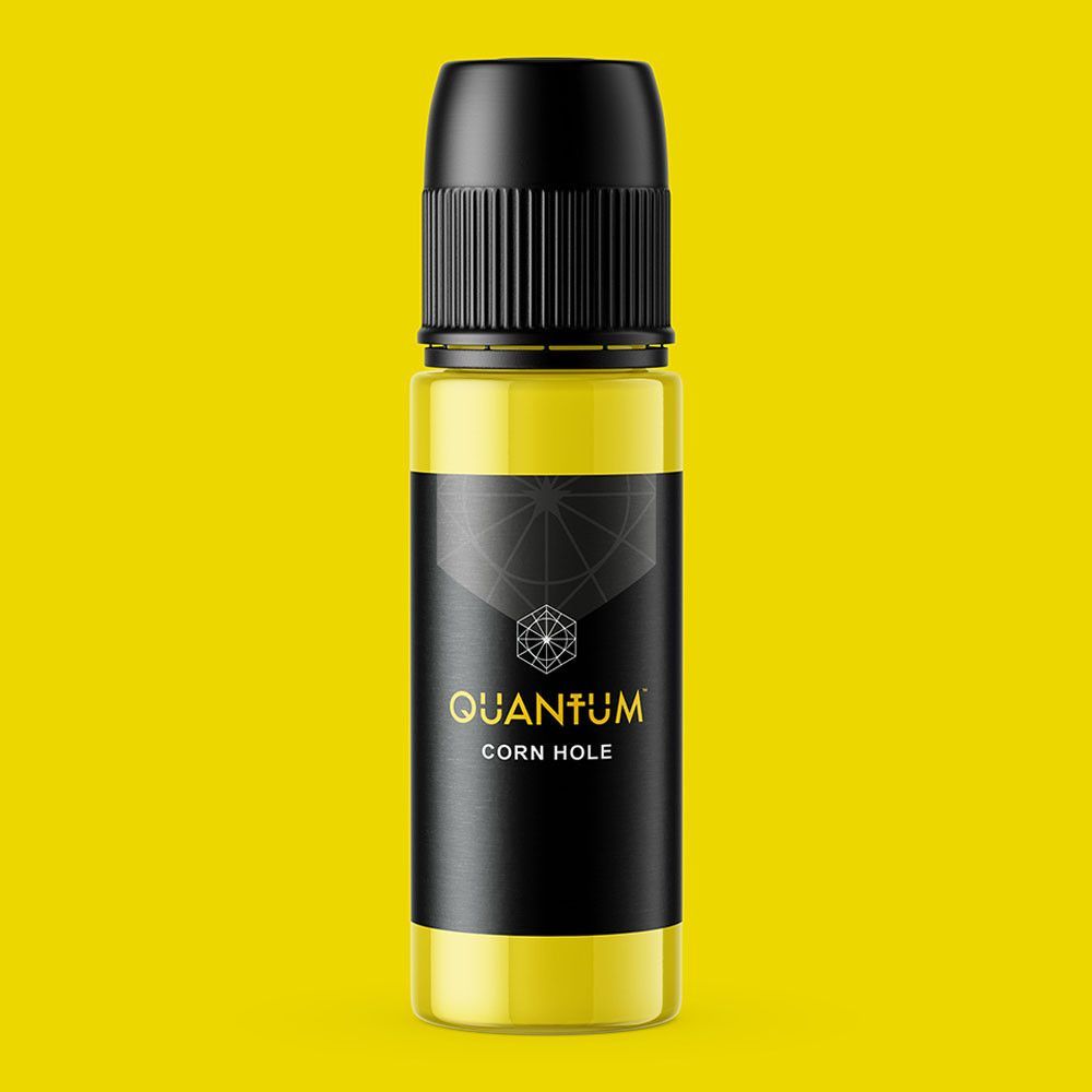 Yellow liquid in a black and yellow labeled bottle, labeled
