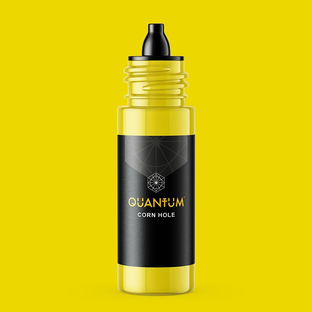 Yellow liquid in a black and yellow labeled bottle, labeled