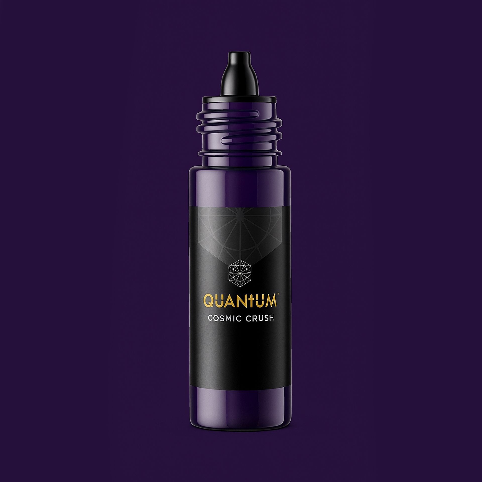 A dark purple squeeze bottle with a black label reading