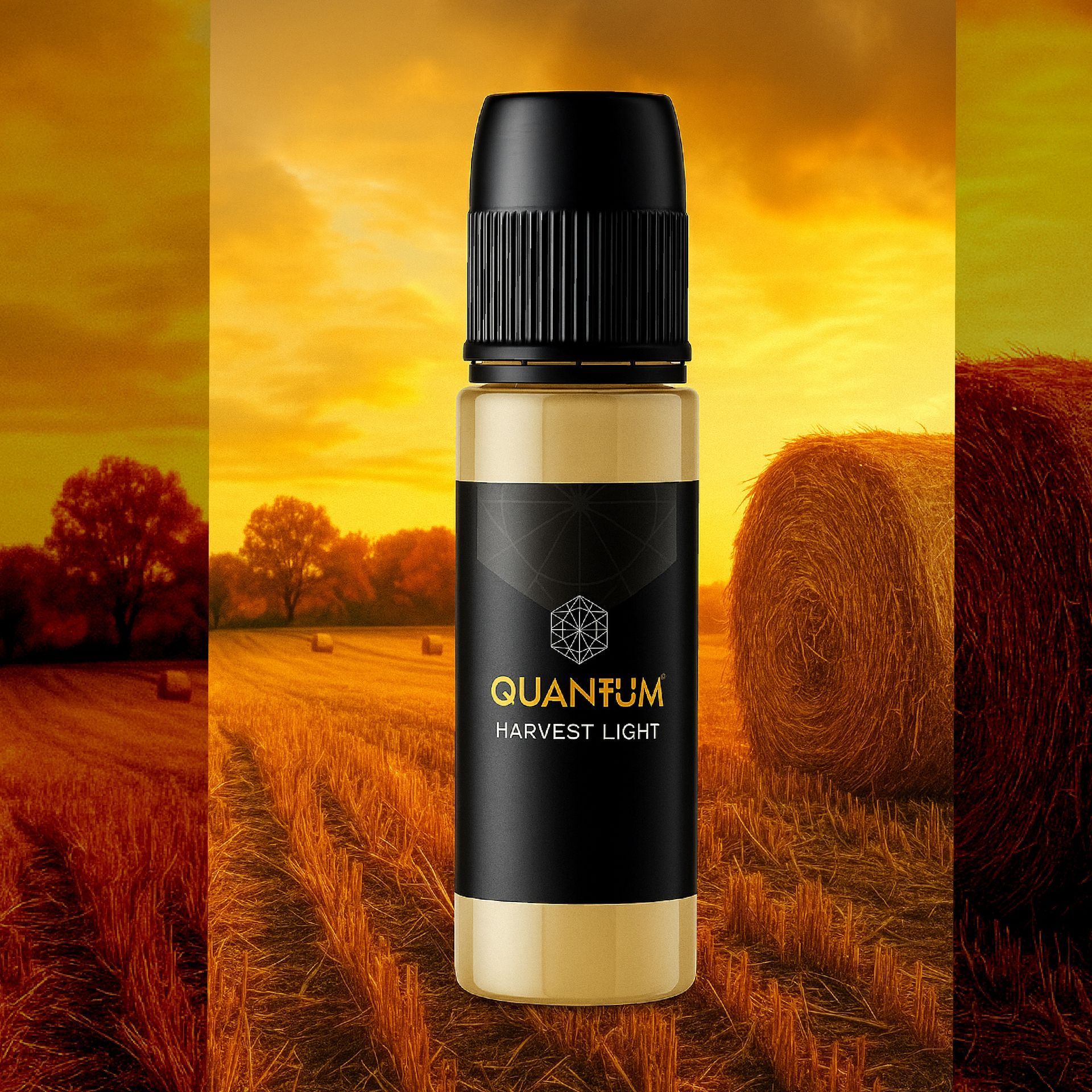 A small bottle of Quantum Light, featuring a black cap and label with gold text, centered on a light tan background.