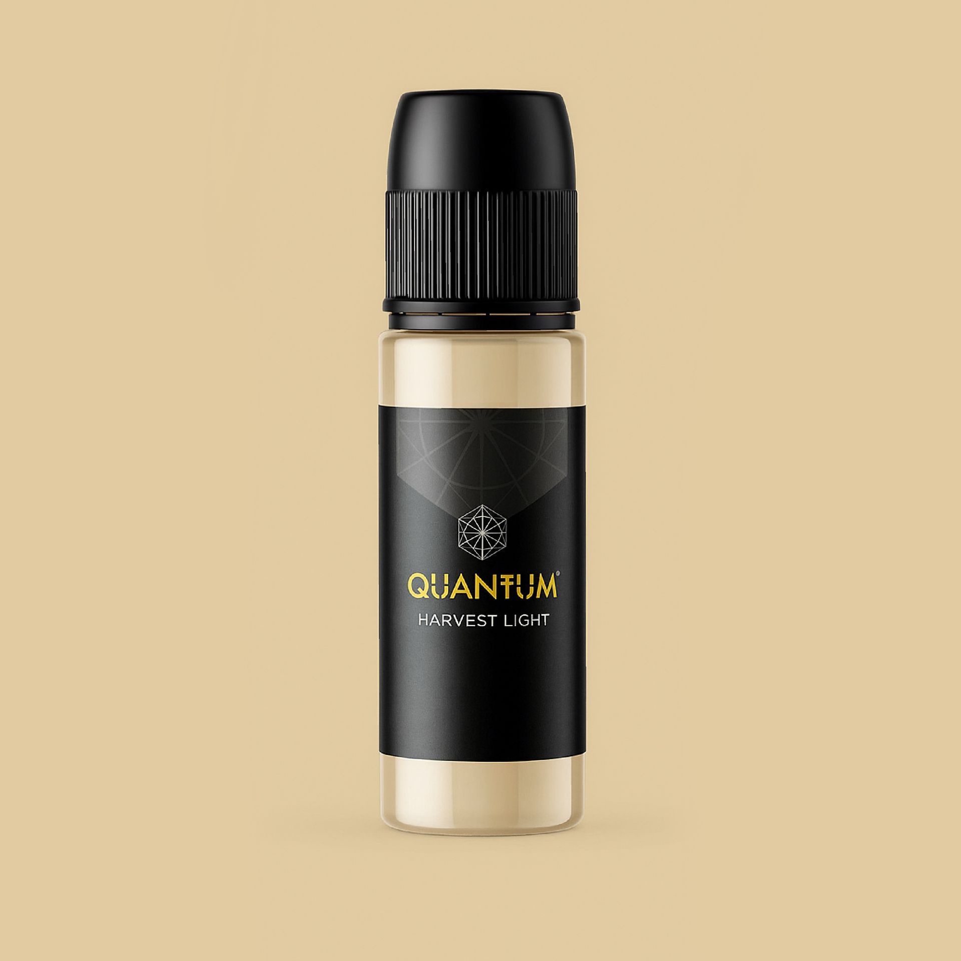 A small bottle of Quantum Light, featuring a black cap and label with gold text, centered on a light tan background.