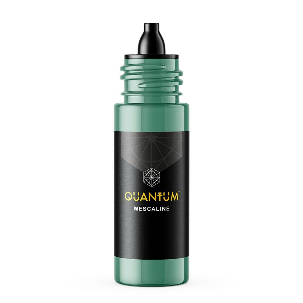 A sage green squeeze bottle of Quantum tattoo ink with a black label and nozzle cap.