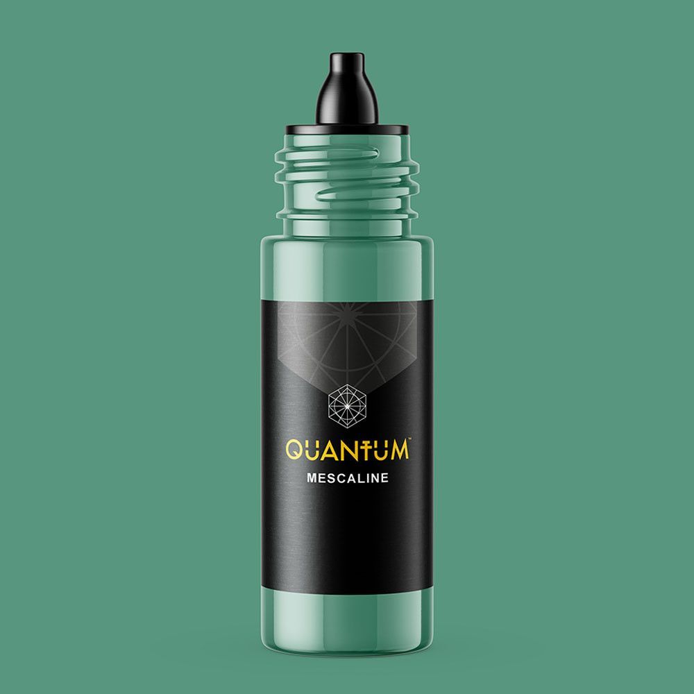 A sage green squeeze bottle of Quantum tattoo ink with a black label and nozzle cap.
