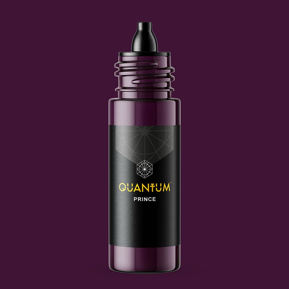 A small, dark purple dropper bottle with a black cap, featuring a black label with the text