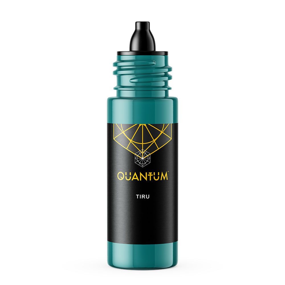 Bottle of teal liquid with black label; reads