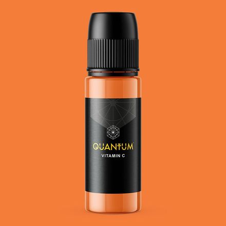 Bottle of Quantum Vitamin C supplement, orange liquid, black label and cap on an orange background.
