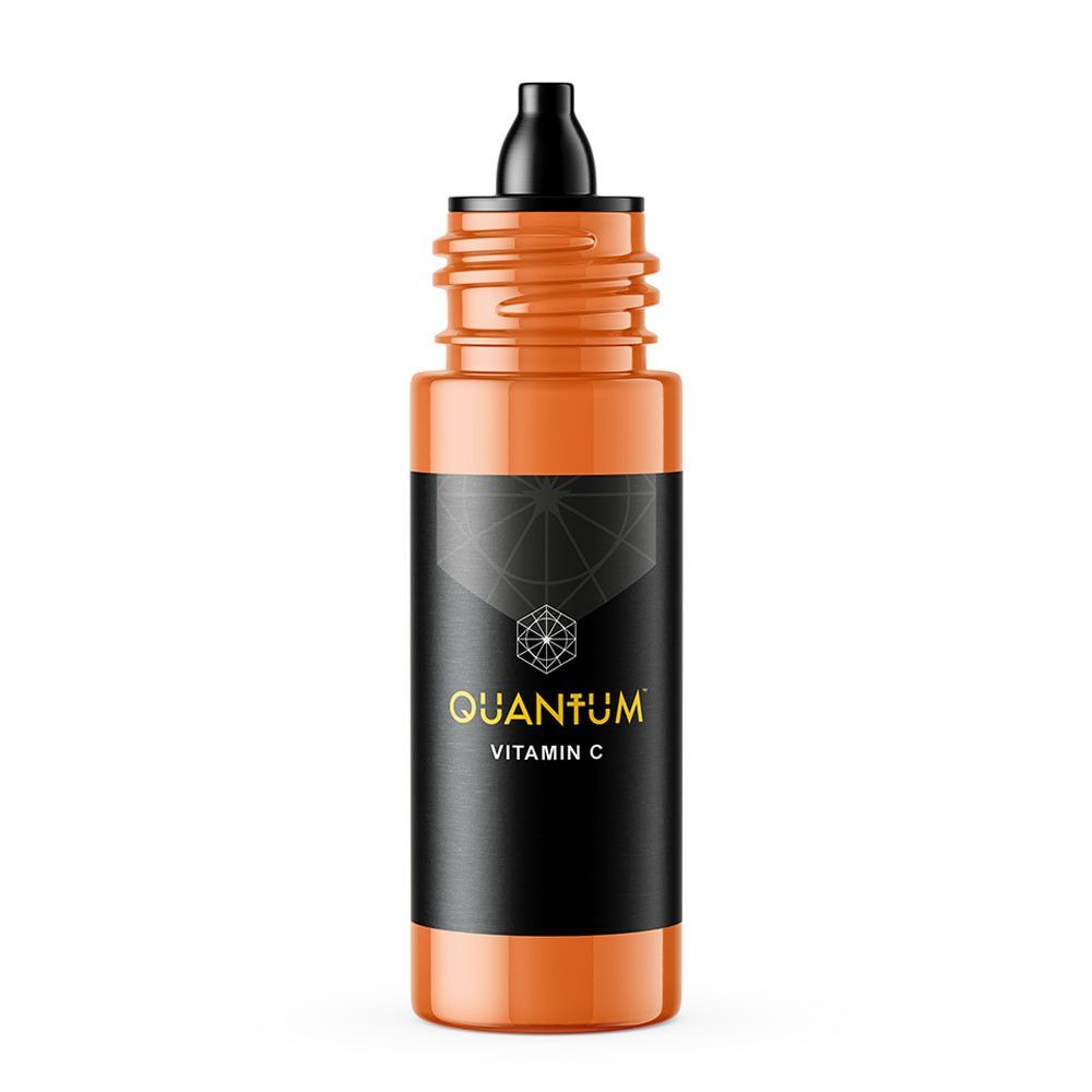 An orange dropper bottle of Quantum Vitamin C serum with a black label and black cap against a white background.