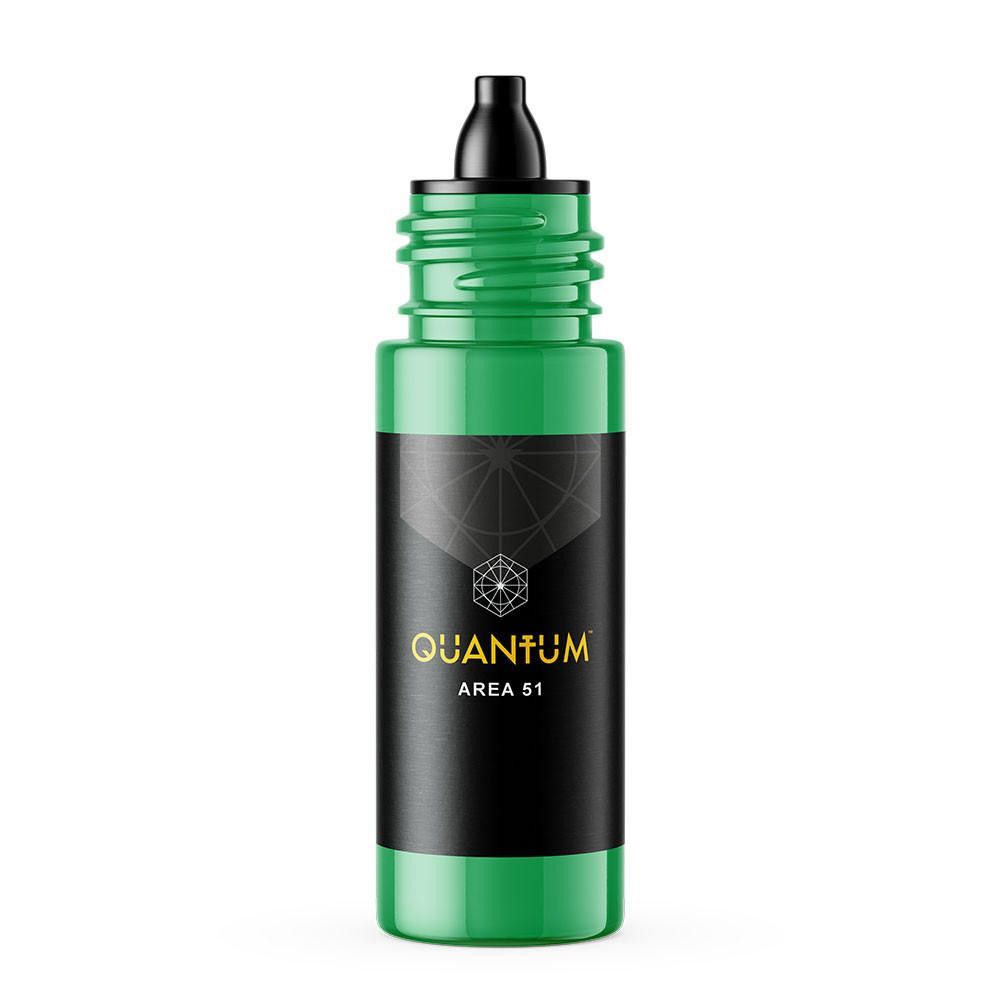 A green squeeze bottle of Quantum Area 51 tattoo ink with a black label on a white background.