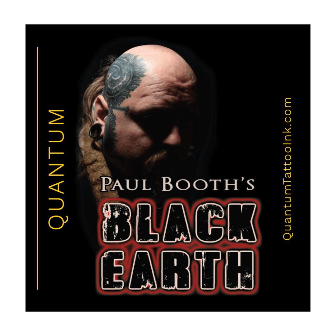 A product ad for Paul Booth's Black Earth tattoo ink, featuring a man with a head tattoo against a black background.