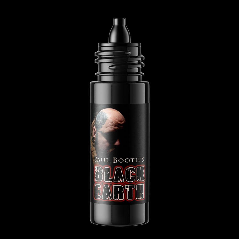A product ad for Paul Booth's Black Earth tattoo ink, featuring a man with a head tattoo against a black background.